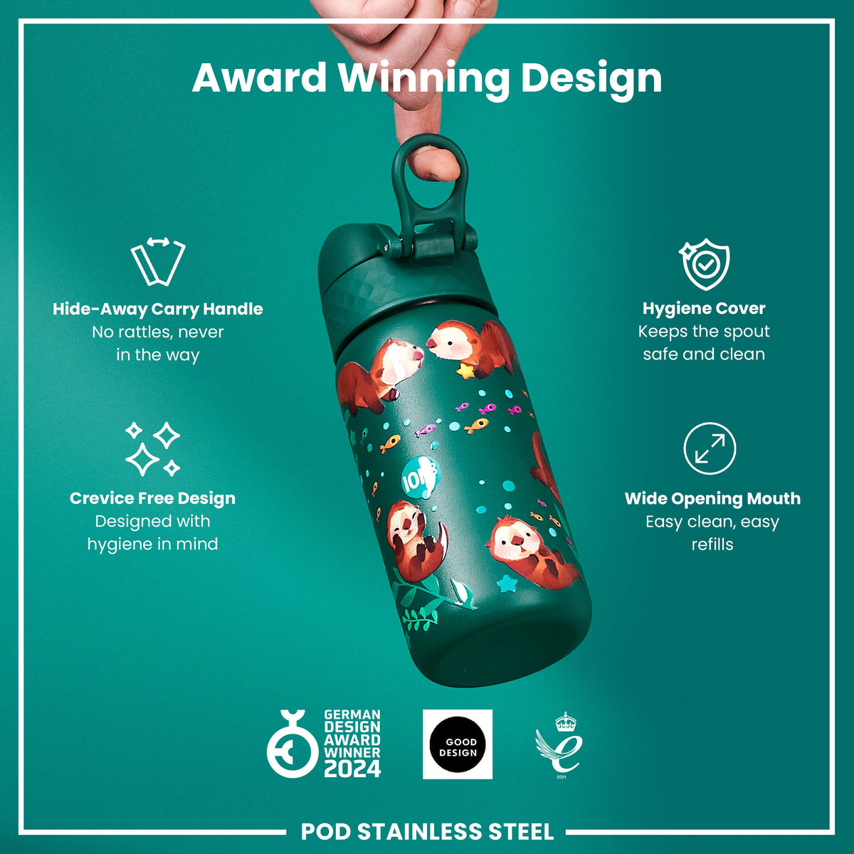 Botella de agua infantil antifugas, acero inoxidable, nutrias, 400ml (13oz)