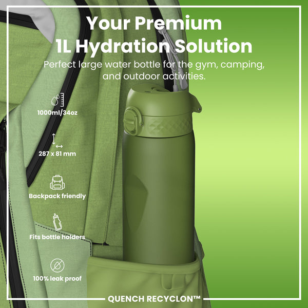 Leak Proof 1 litre Water Bottle, Recyclon, Khaki Green, 1L