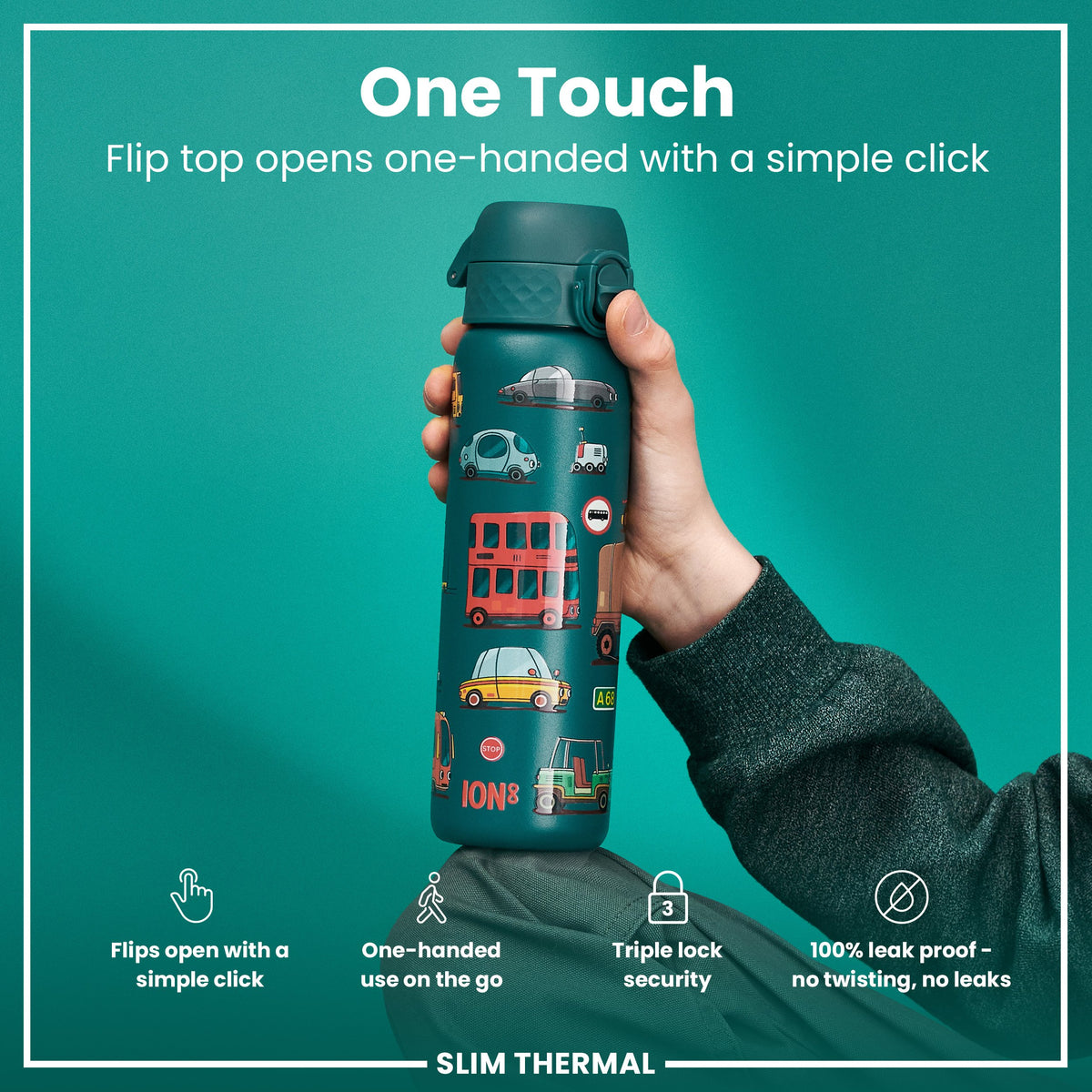 A teal water bottle, featuring various cartoon vehicles, stands upright against a white background. The bottle displays the word "ION8" near the base. A small "STOP" sign is also visible.