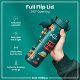 A teal water bottle, featuring various cartoon vehicles, stands upright against a white background. The bottle displays the word 
