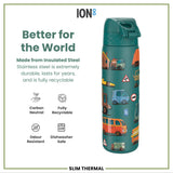 A teal water bottle, featuring various cartoon vehicles, stands upright against a white background. The bottle displays the word 