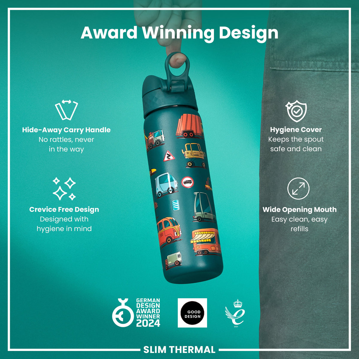 A teal water bottle, featuring various cartoon vehicles, stands upright against a white background. The bottle displays the word "ION8" near the base. A small "STOP" sign is also visible.