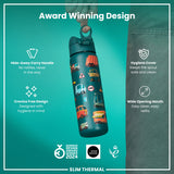 A teal water bottle, featuring various cartoon vehicles, stands upright against a white background. The bottle displays the word 