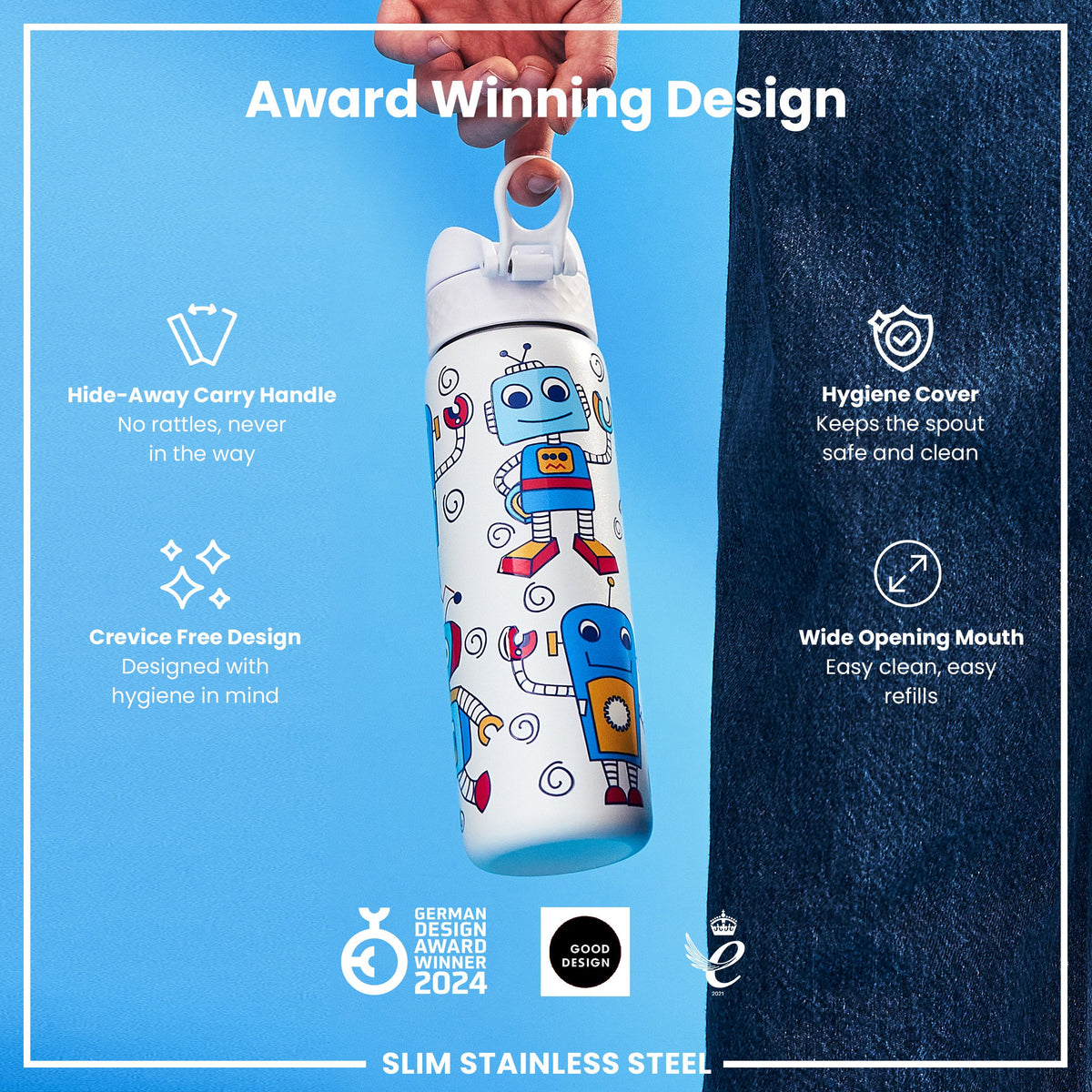 Botella de agua estrecha antifugas, acero inoxidable, robots, 600ml (20oz)