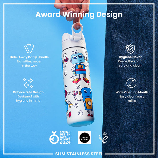 Botella de agua estrecha antifugas, acero inoxidable, robots, 600ml (20oz)