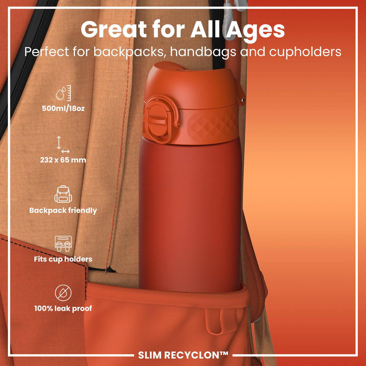 Botella de agua estrecha antifugas, Recyclon, Naranja Vigoroso, 500ml (18oz)