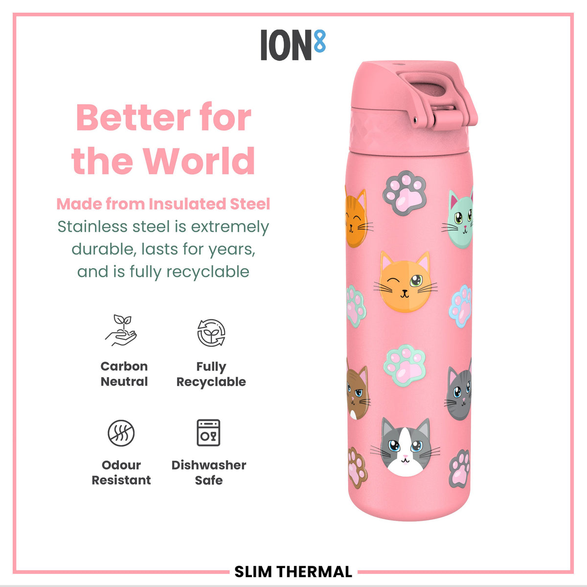 Leak Proof Slim Thermal Steel Water Bottle, Insulated, Cats, 500ml (17oz)
