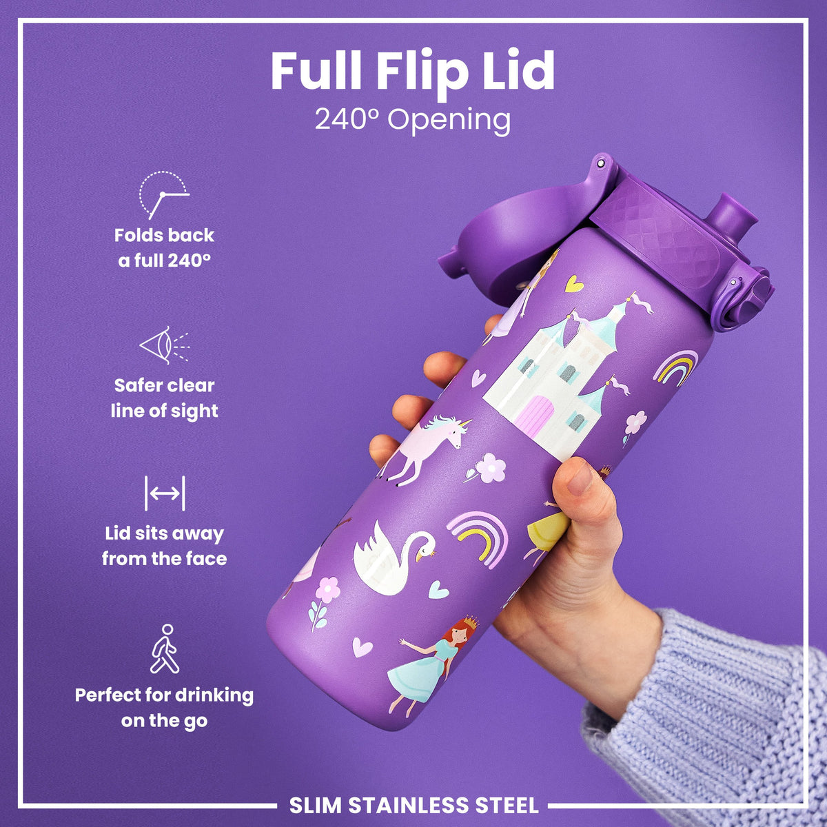 Leak Proof Slim Water Bottle, Stainless Steel, Princess, 600ml (20oz)