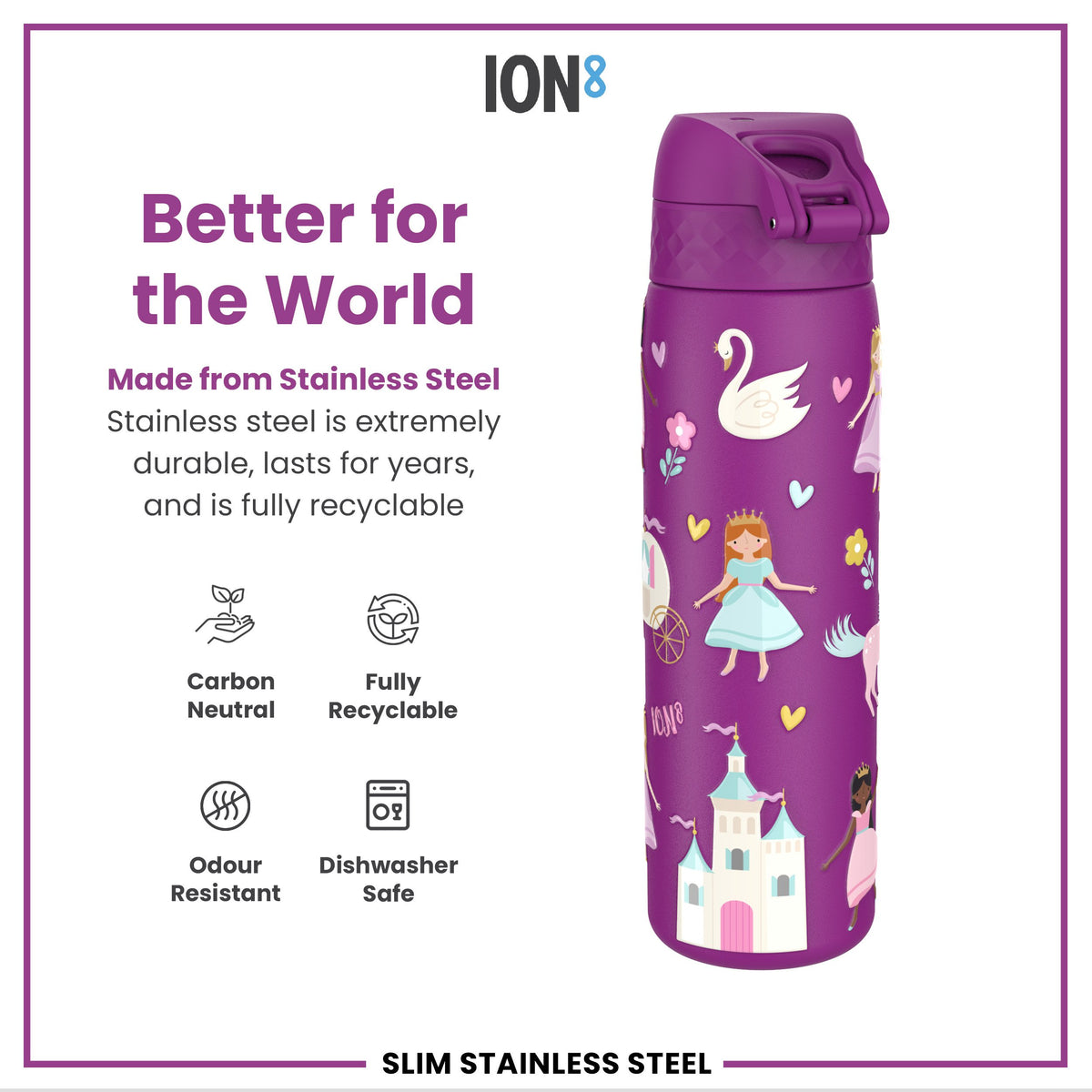 Leak Proof Slim Water Bottle, Stainless Steel, Princess, 600ml (20oz)