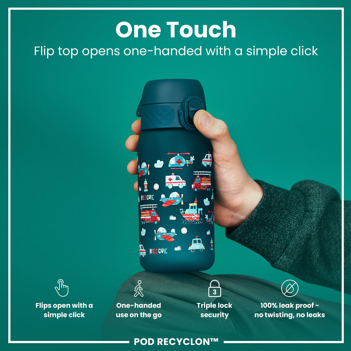 Botella de Agua Antifugas para Niños, Recyclon, Vehículos de Rescate, 350ml (12oz)