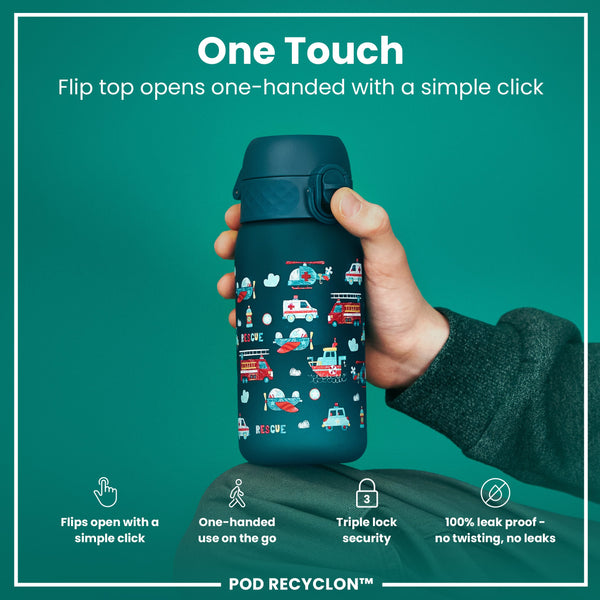Botella de Agua Antifugas para Niños, Recyclon, Vehículos de Rescate, 350ml (12oz)