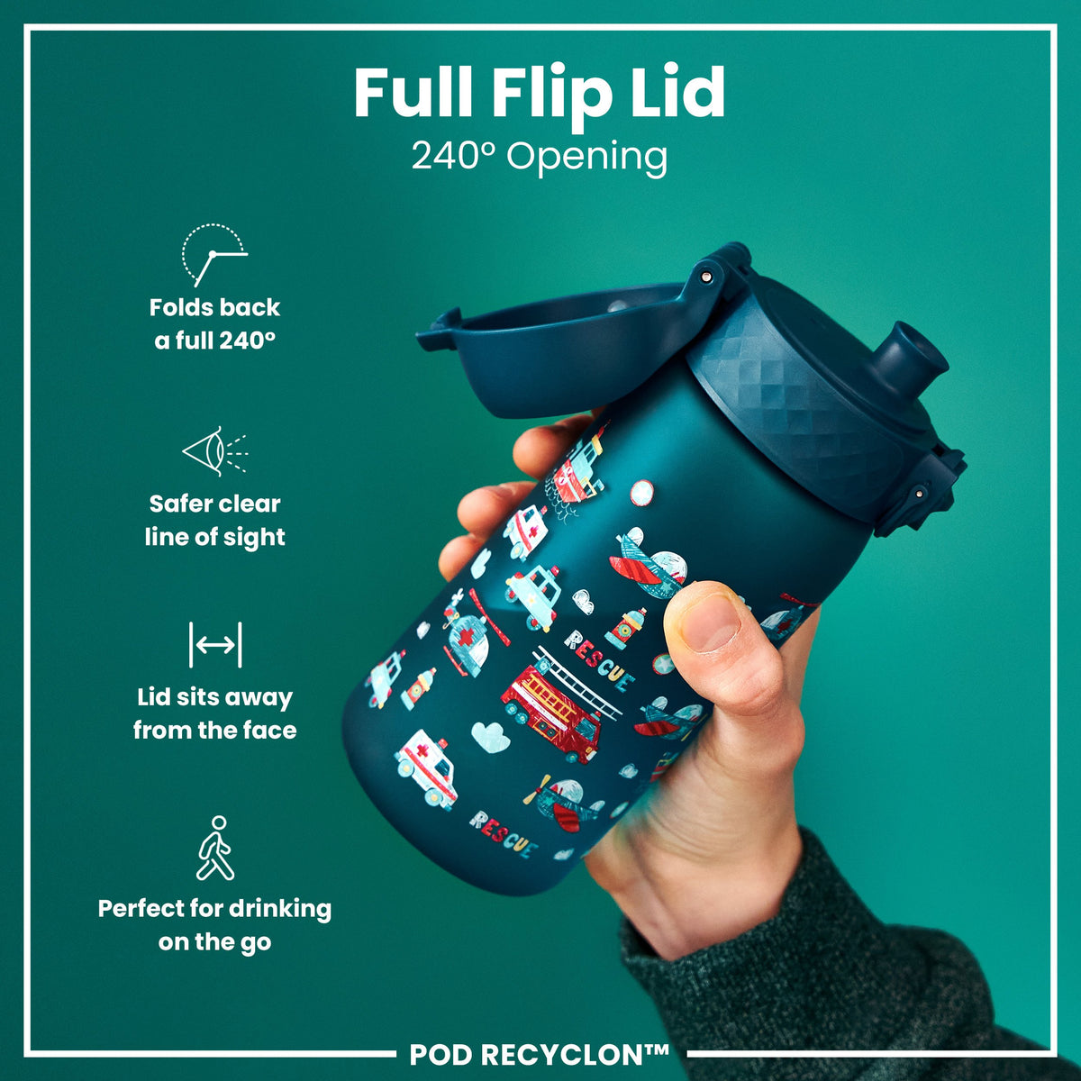 Botella de Agua Antifugas para Niños, Recyclon, Vehículos de Rescate, 350ml (12oz)