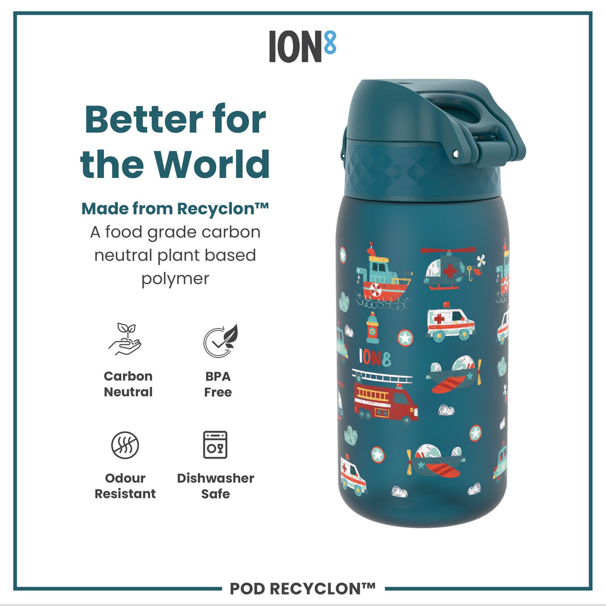Botella de Agua Antifugas para Niños, Recyclon, Vehículos de Rescate, 350ml (12oz)