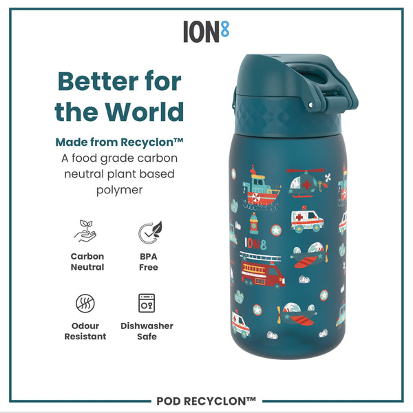 Botella de Agua Antifugas para Niños, Recyclon, Vehículos de Rescate, 350ml (12oz)