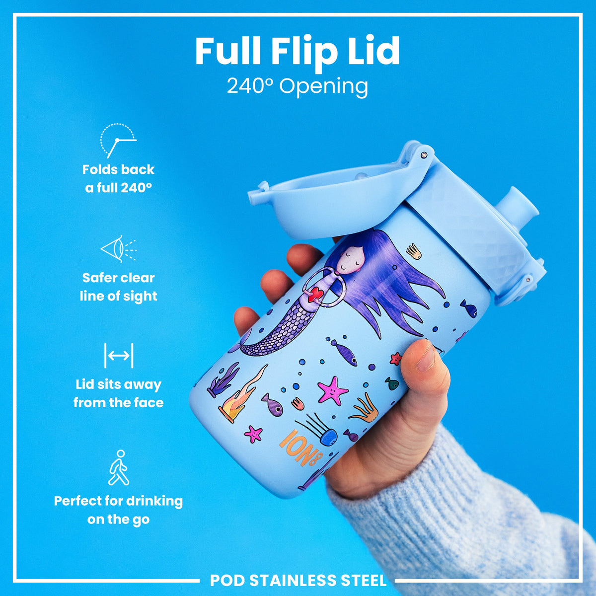 Botella de agua de acero inoxidable antifugas para niños, Sirenas, 400ml (13oz)