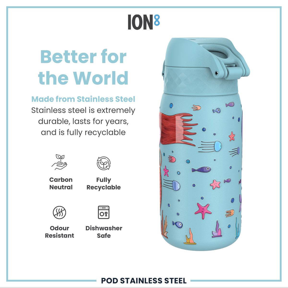 Botella de agua de acero inoxidable antifugas para niños, Sirenas, 400ml (13oz)