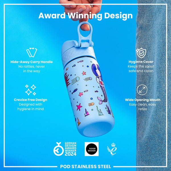 Botella de agua de acero inoxidable antifugas para niños, Sirenas, 400ml (13oz)