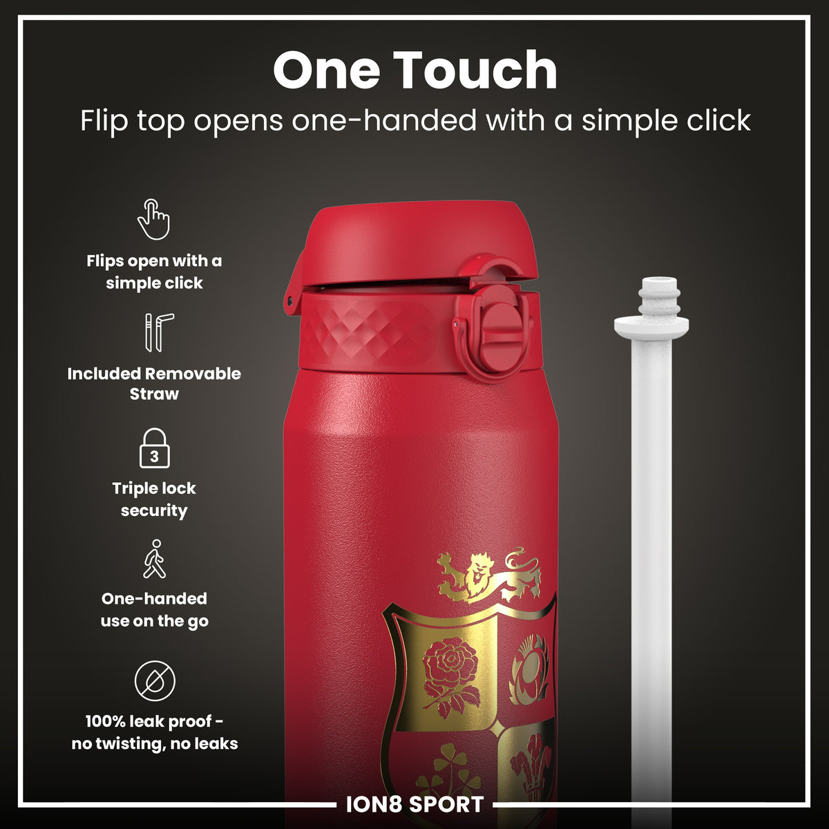Lions X ION8 Insulated Steel Water Bottle, British & Irish Lions, Sea of Red, 750ml (24oz)