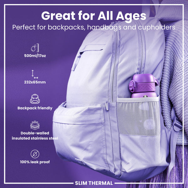 Leak Proof Slim Thermal Water Bottle, Insulated Steel, Princess, 500ml (17oz)
