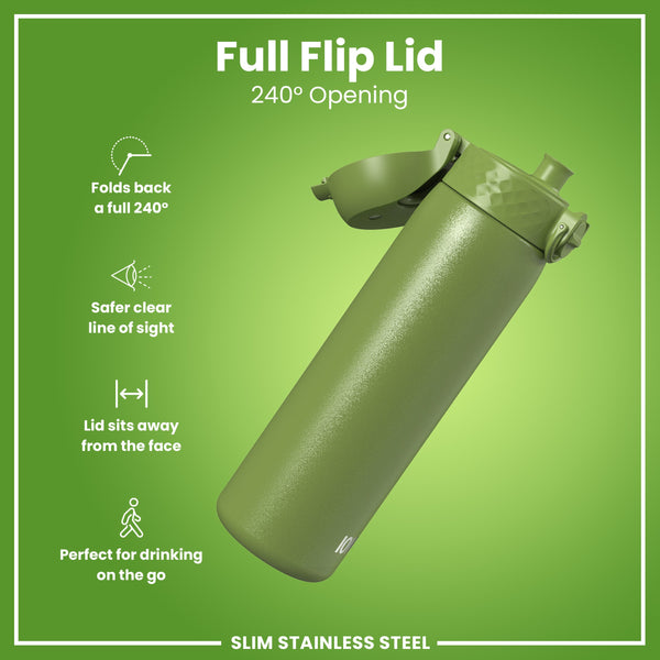 Botella de agua estrecha, antifugas, de acero inoxidable, verde caqui, 600 ml (20 oz)