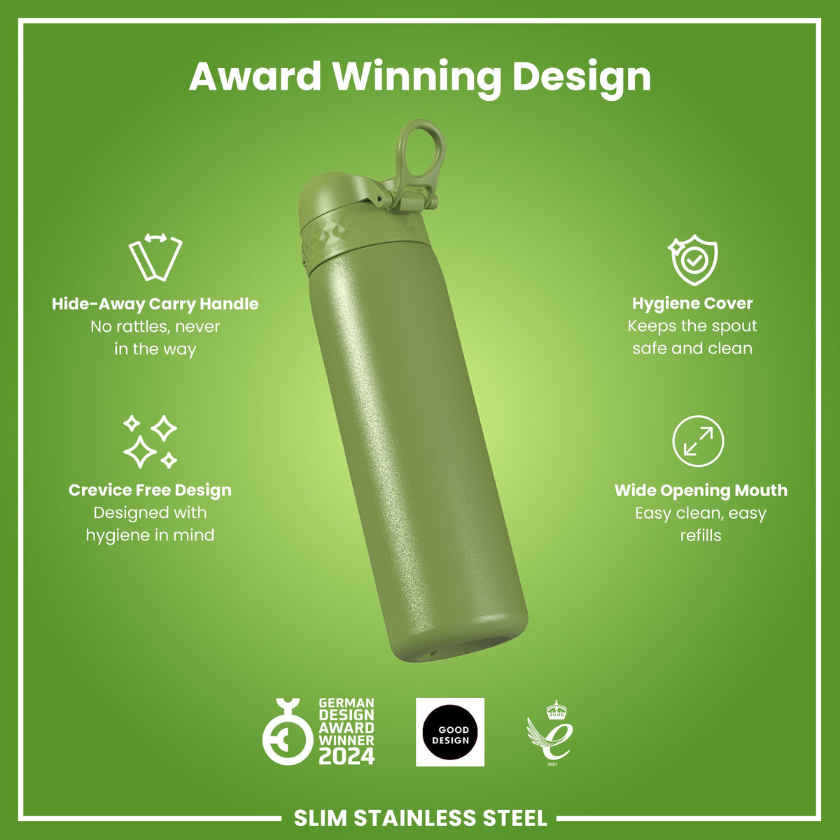 Botella de agua estrecha, antifugas, de acero inoxidable, verde caqui, 600 ml (20 oz)