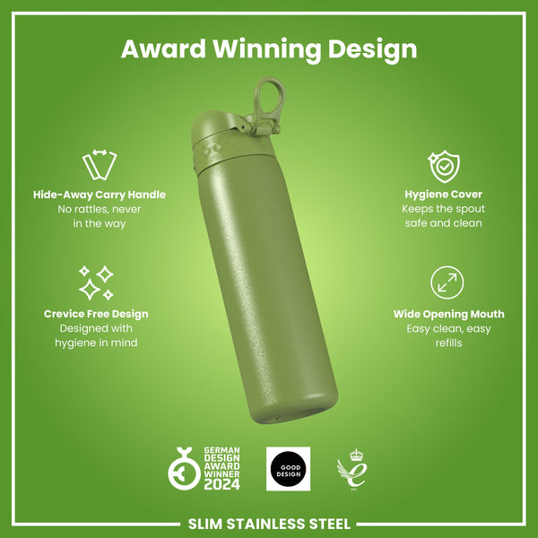 Botella de agua estrecha, antifugas, de acero inoxidable, verde caqui, 600 ml (20 oz)