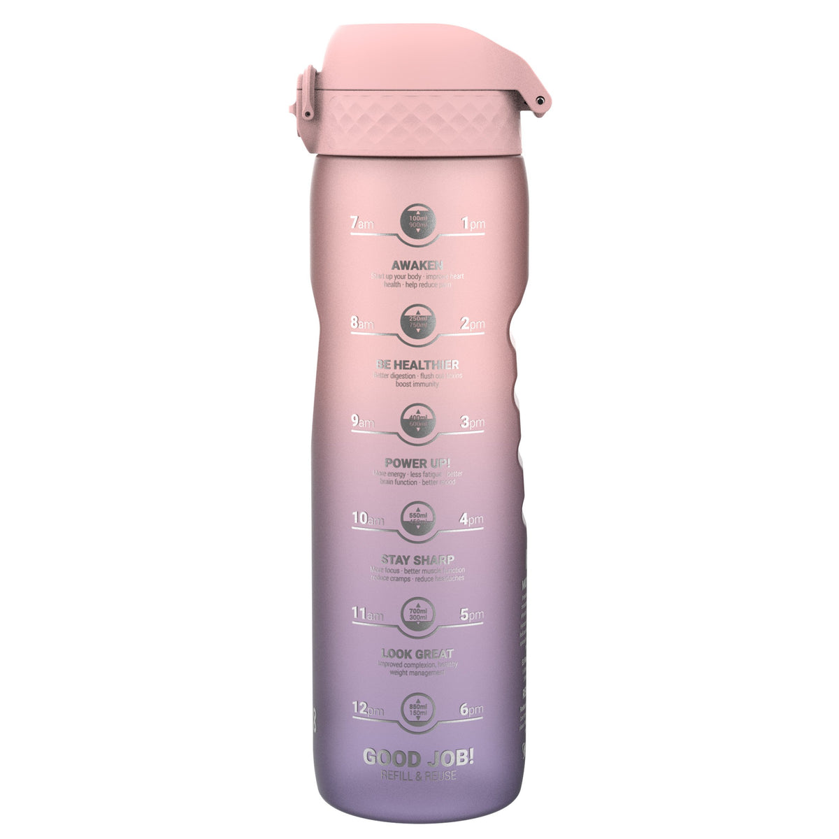 Leak Proof 1 Litre Water Bottle with Times to Drink, Recyclon, Purple & Rose, 1L