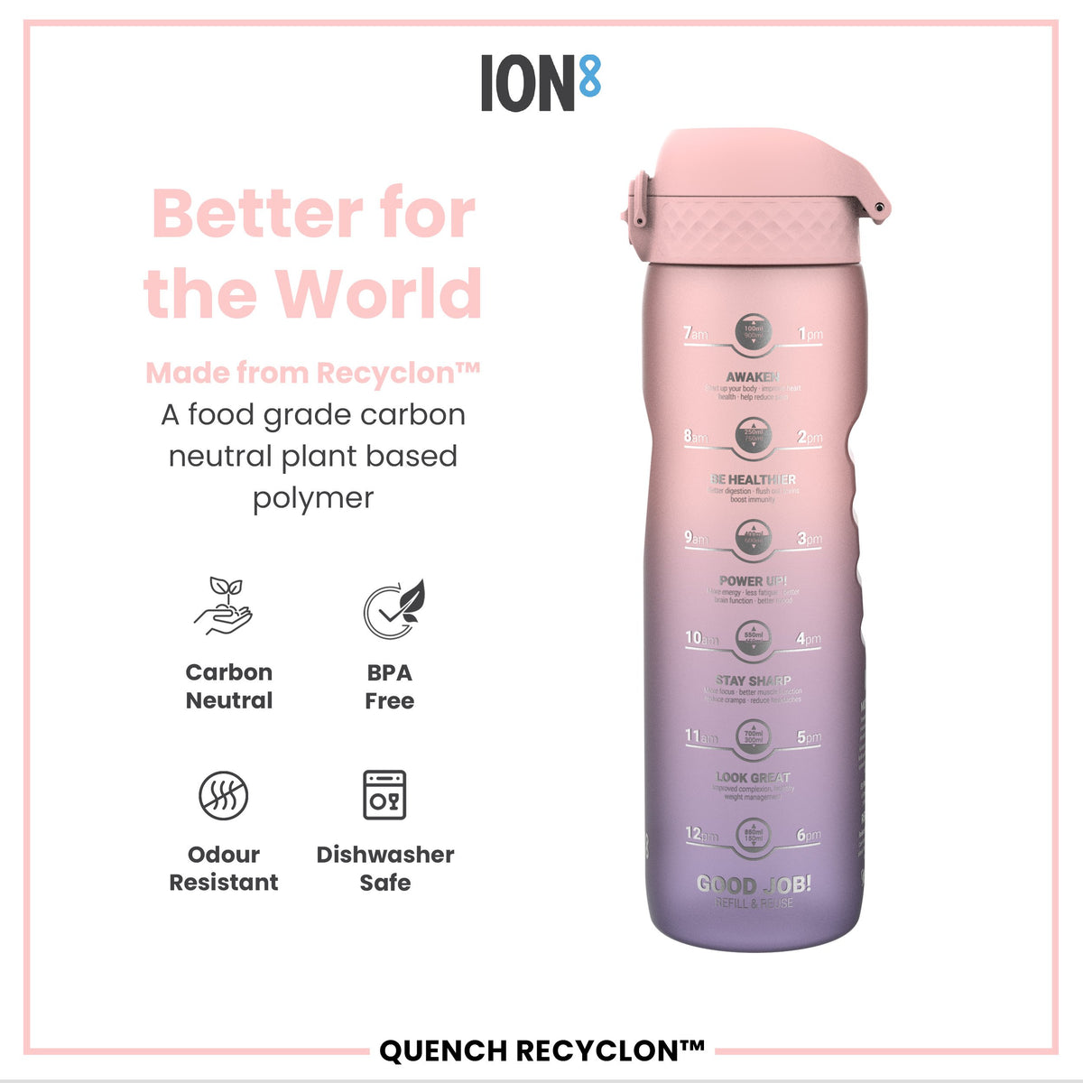 Leak Proof 1 Litre Water Bottle with Times to Drink, Recyclon, Purple & Rose, 1L