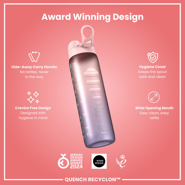 Leak Proof 1 Litre Water Bottle with Times to Drink, Recyclon, Purple & Rose, 1L