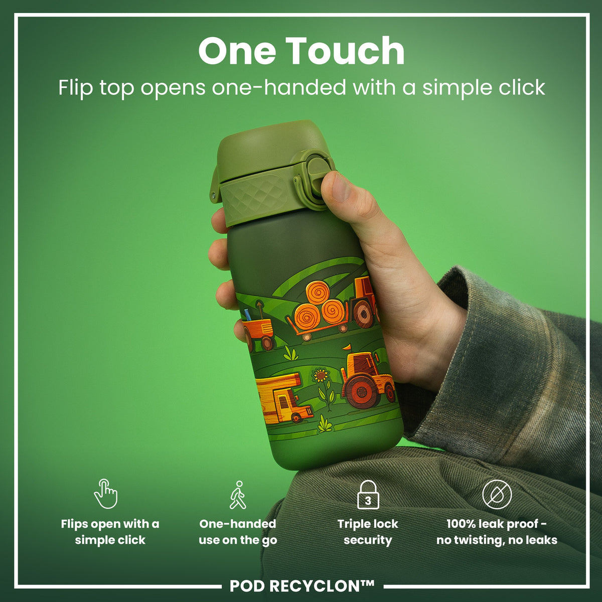 Botella de Agua Antifugas para Niños, Recyclon, Máquinas Agrícolas, 350 ml (12 oz)
