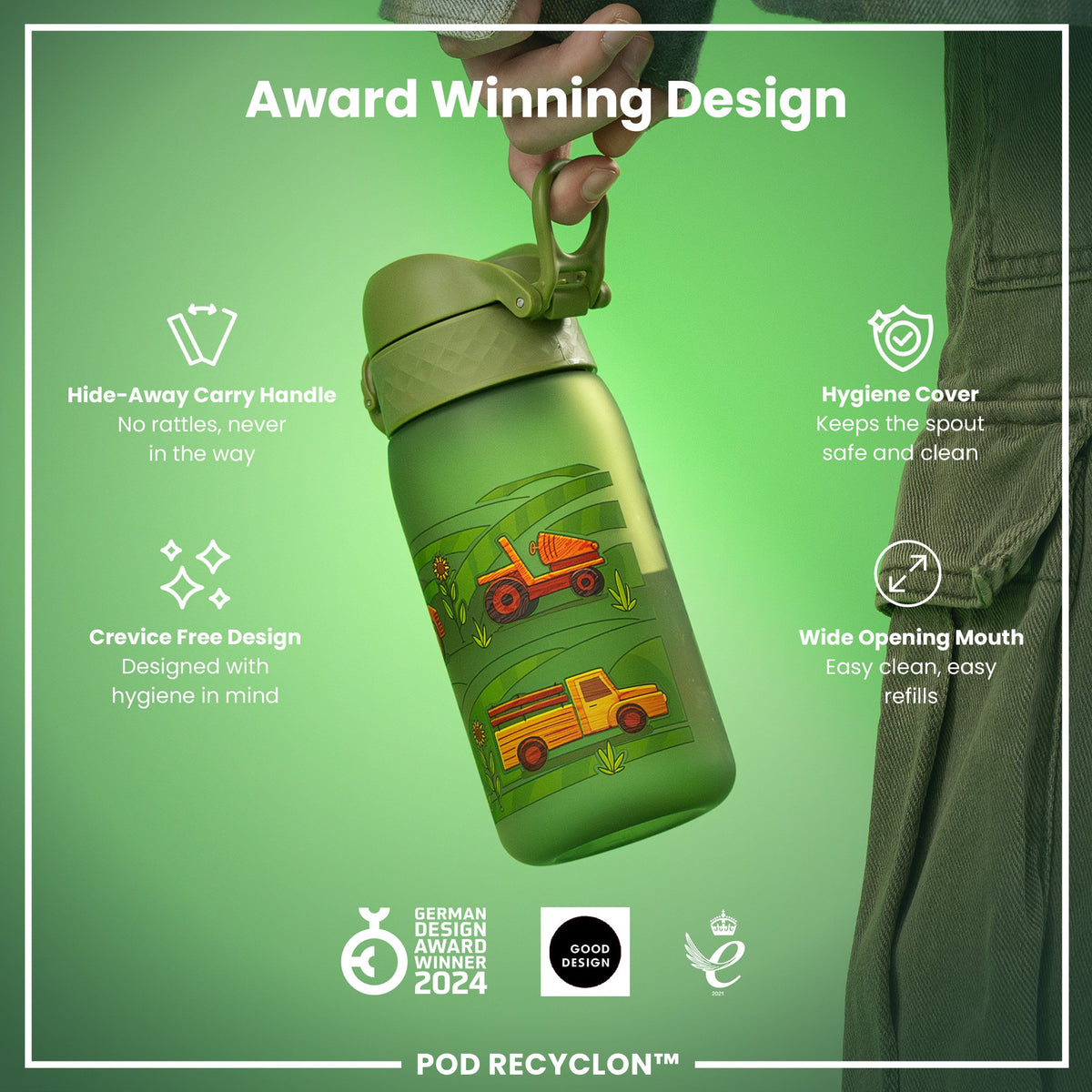 Botella de Agua Antifugas para Niños, Recyclon, Máquinas Agrícolas, 350 ml (12 oz)