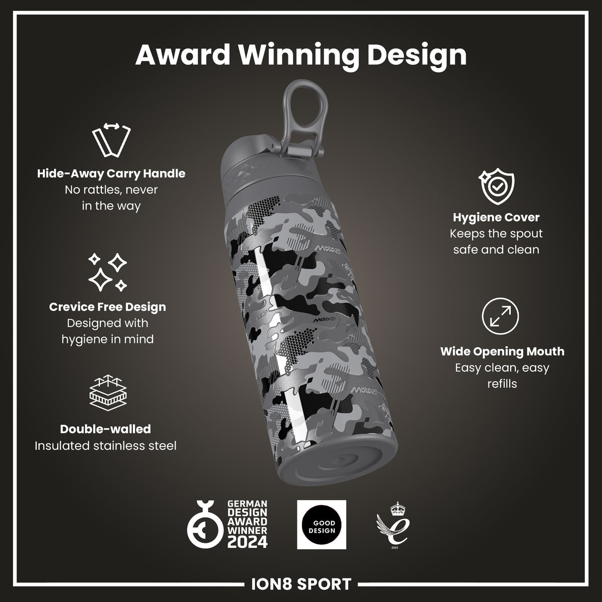 MotoGP x ION8 Insulated Steel Water Bottle, MotoGP Camouflage, 750ml (24oz)