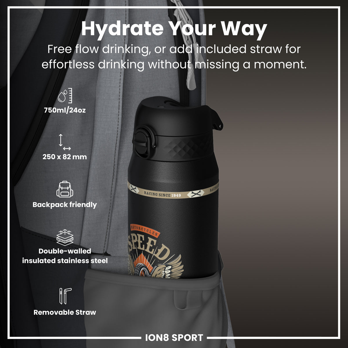 Botella de Agua Aislada de Acero ION8 MotoGP, Velocidad MotoGP, 750ml (24oz)