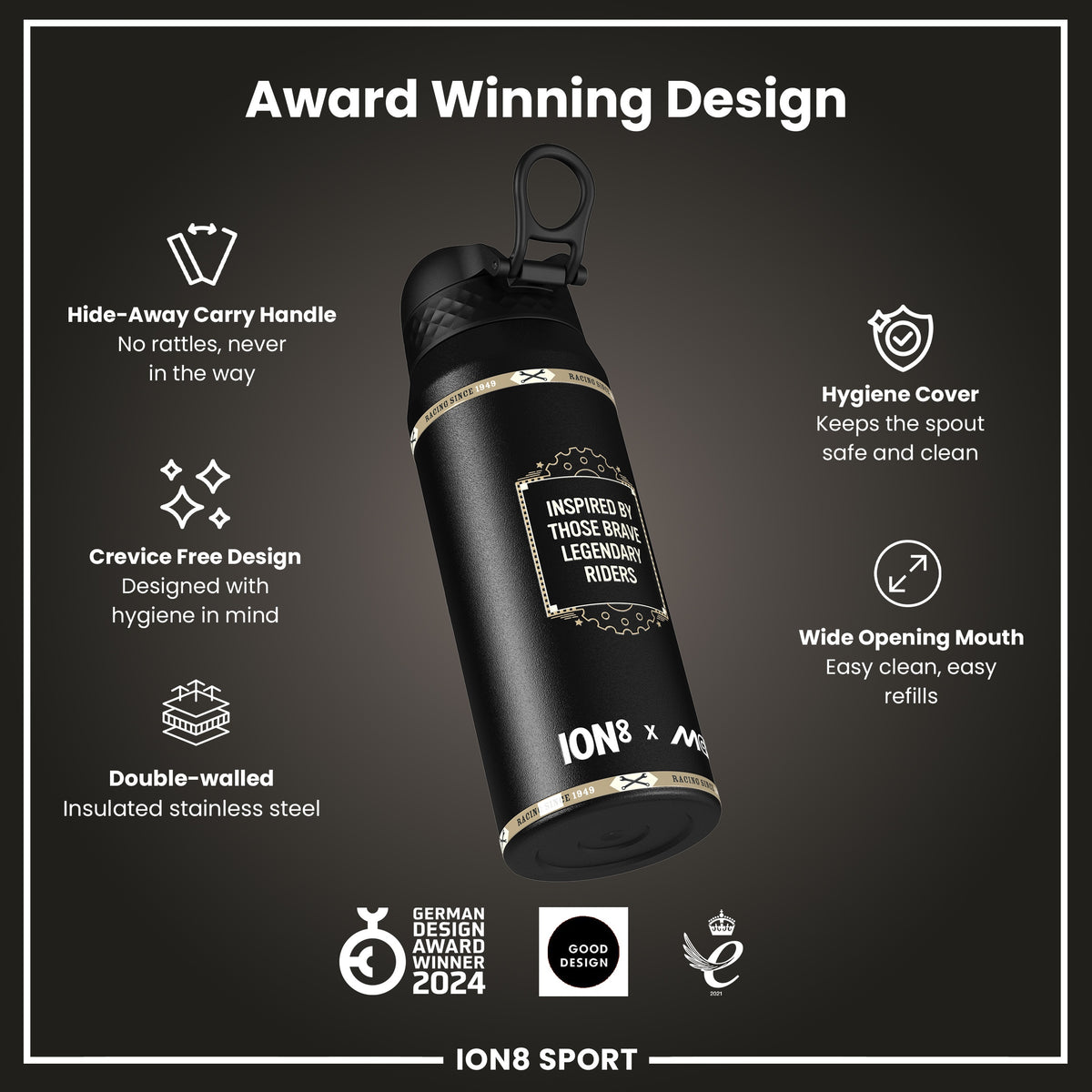 Botella de Agua Aislada de Acero ION8 MotoGP, Velocidad MotoGP, 750ml (24oz)