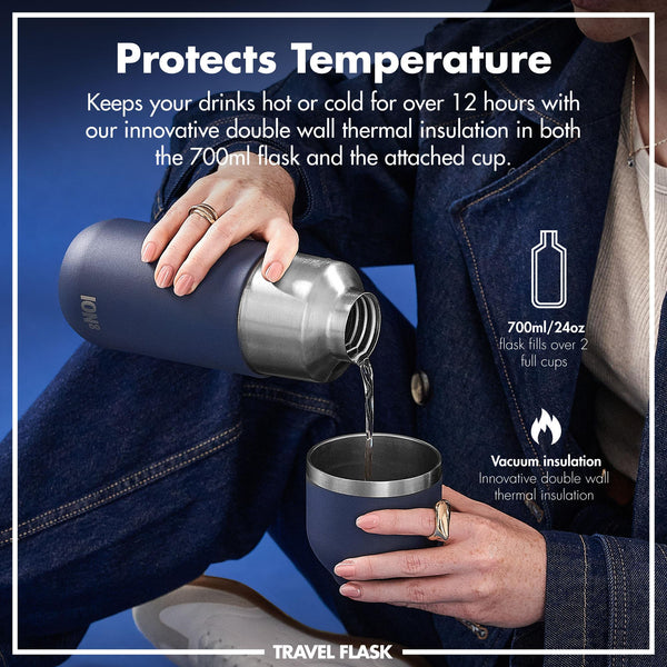 A sleek dark gray insulated bottle stands upright featuring a silver band in the middle on a plain white background with "ION8" printed at the bottom.