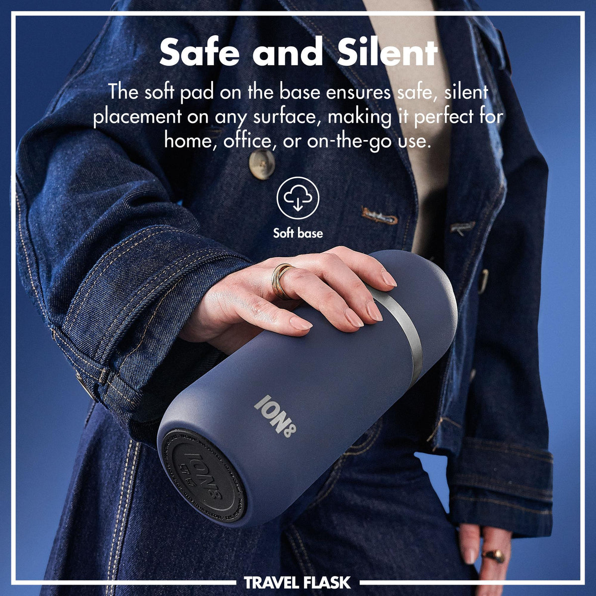 A sleek dark gray insulated bottle stands upright featuring a silver band in the middle on a plain white background with "ION8" printed at the bottom.
