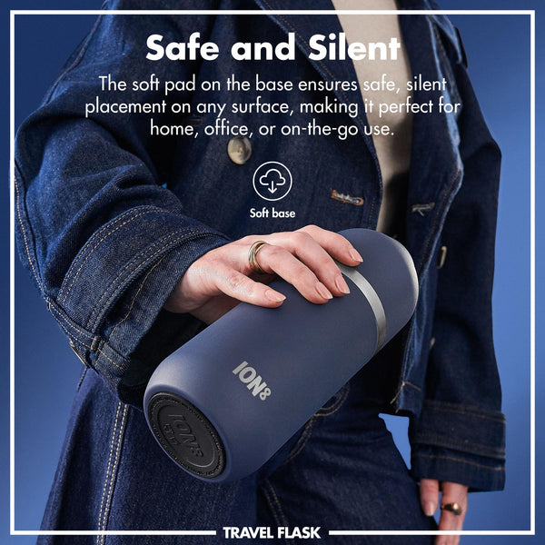 A sleek dark gray insulated bottle stands upright featuring a silver band in the middle on a plain white background with "ION8" printed at the bottom.