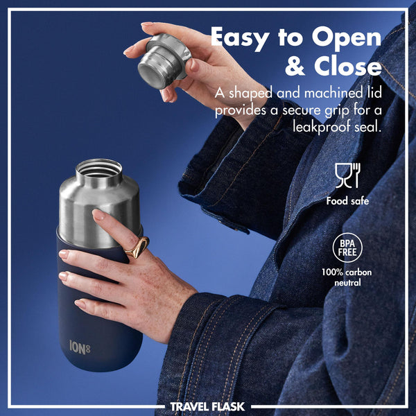 A sleek dark gray insulated bottle stands upright featuring a silver band in the middle on a plain white background with "ION8" printed at the bottom.