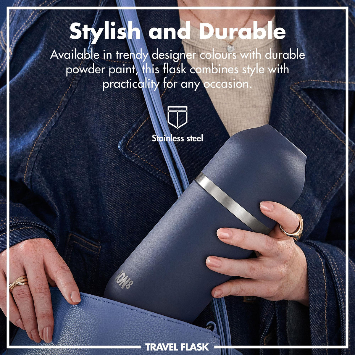 A sleek dark gray insulated bottle stands upright featuring a silver band in the middle on a plain white background with "ION8" printed at the bottom.