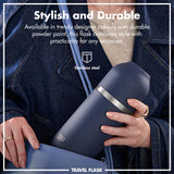 A sleek dark gray insulated bottle stands upright featuring a silver band in the middle on a plain white background with 