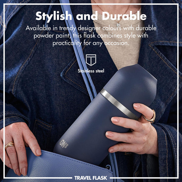 A sleek dark gray insulated bottle stands upright featuring a silver band in the middle on a plain white background with "ION8" printed at the bottom.