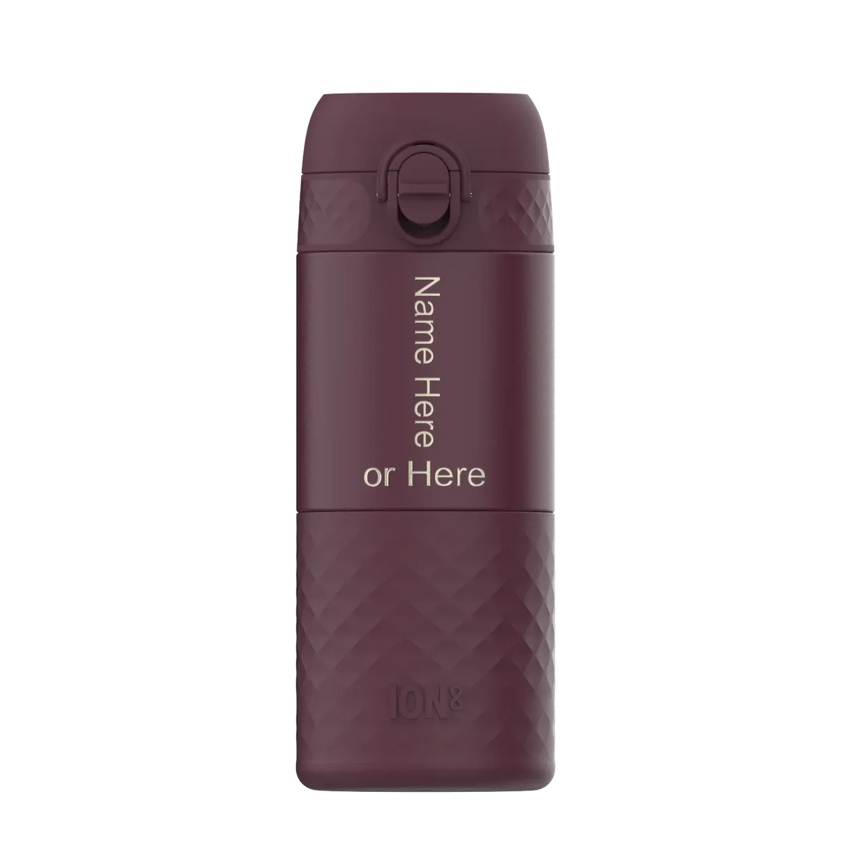 A maroon reusable water bottle displays the text "Name Here or Here" vertically on its smooth surface within a plain background. The bottom part features a textured grip with "ION8" embossed.
