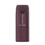 A maroon reusable water bottle displays the text 