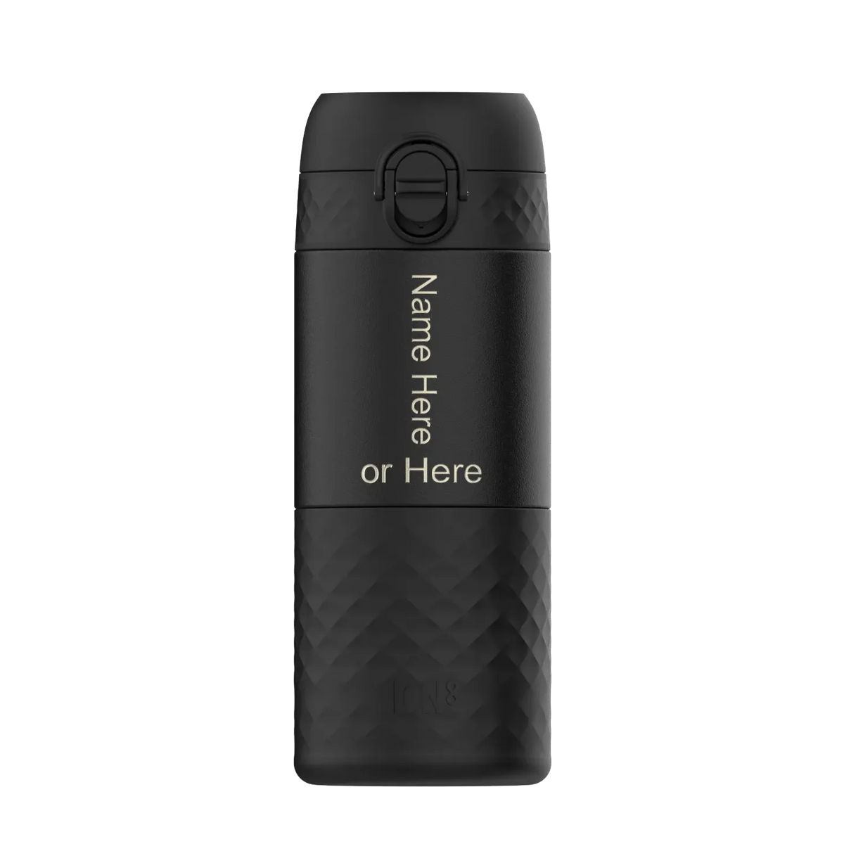 A black thermos tumbler stands upright with customizable text "Name Here or Here" vertically written on it against a plain background.