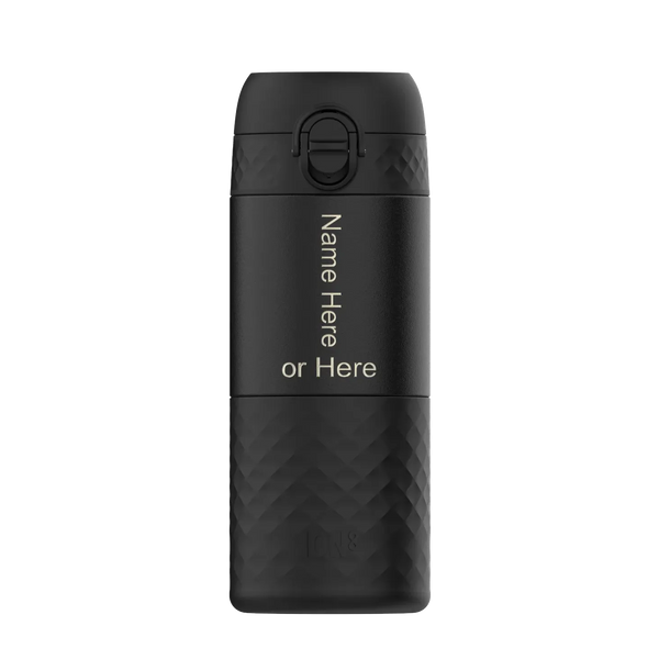 A black thermos tumbler stands upright with customizable text "Name Here or Here" vertically written on it against a plain background.