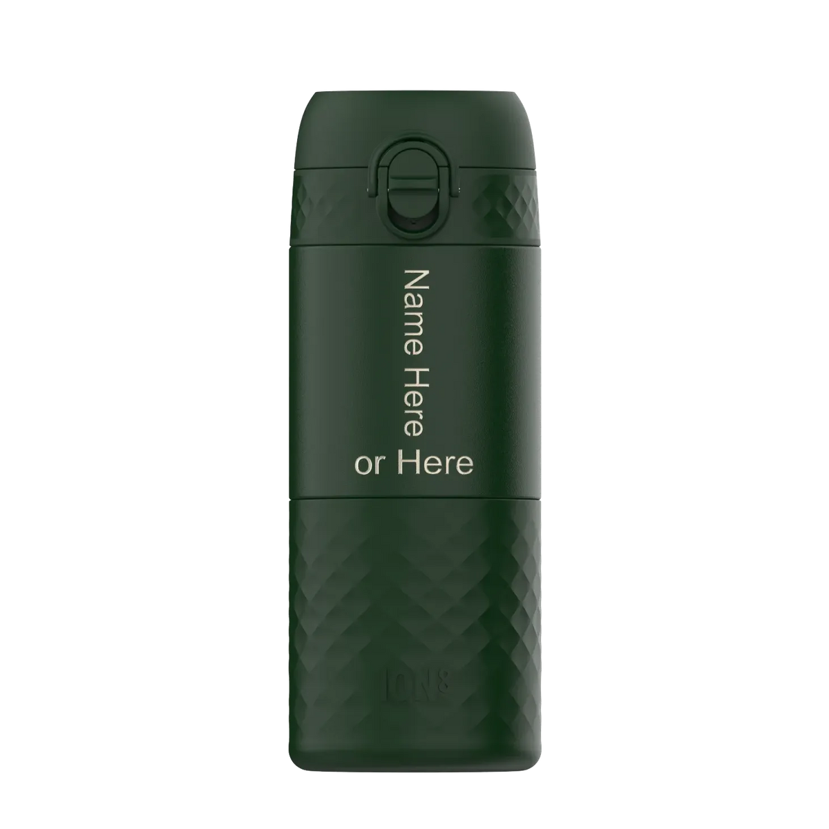 A dark green insulated bottle stands with a textured lower half. The text reads "Name Here or Here" vertically, suggesting personalization options. The background is plain white.
