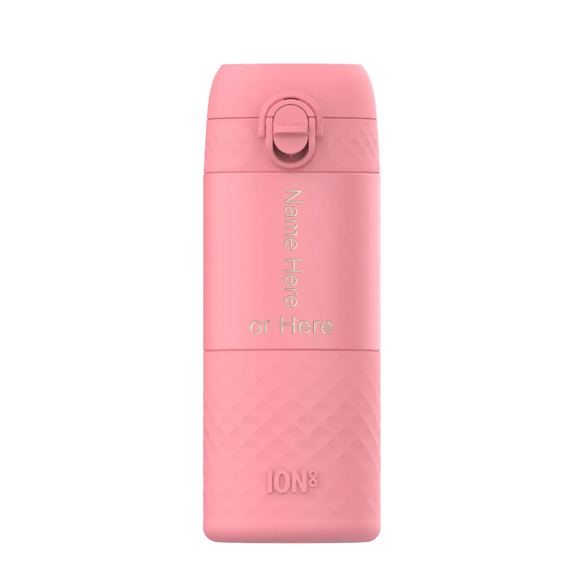 A pink water bottle stands upright featuring textured grip at the base with the text Name Here or Here vertically and ION8 embossed at the bottom against a white background.