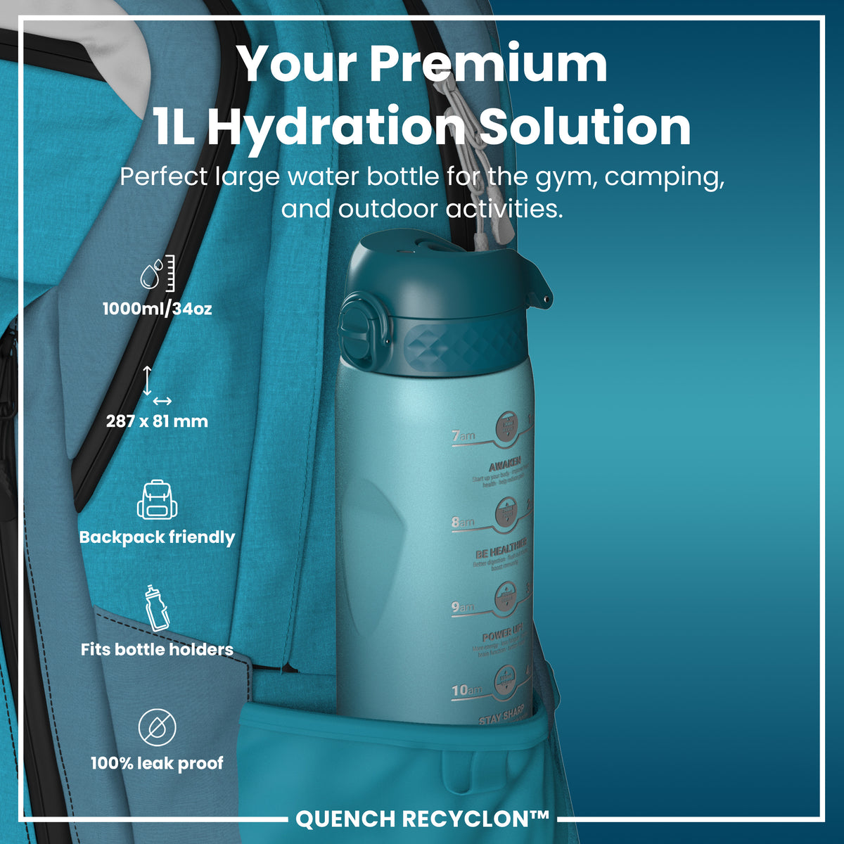 Leak Proof 1 Litre Water Bottle with Times to Drink, Recyclon, Teal & Blue, 1L