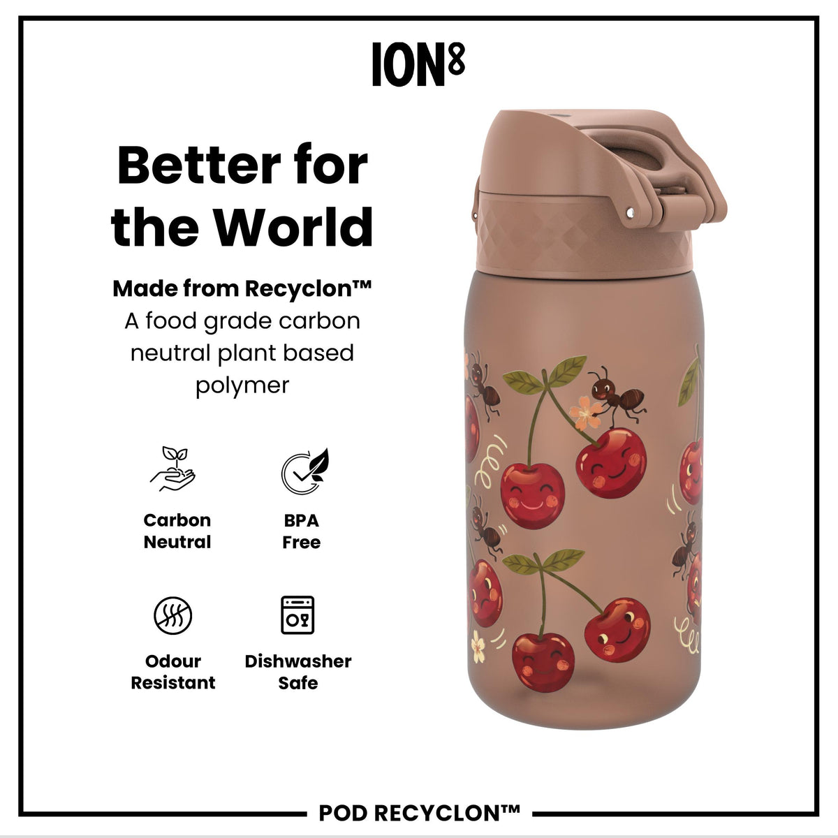Botella de agua antifugas para niños, Recyclon, Cherries, 350ml (12oz)
