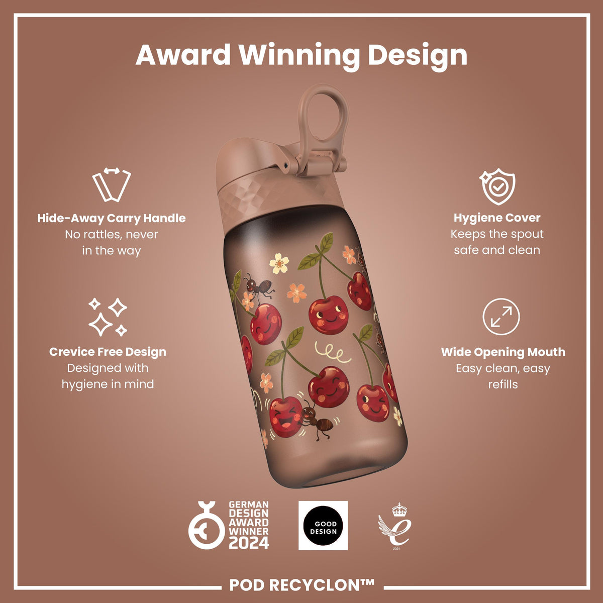 Botella de agua antifugas para niños, Recyclon, Cherries, 350ml (12oz)